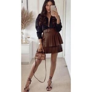 Zara | Women | Skirt | Faux Leather | Pleated | Size Large | Brown